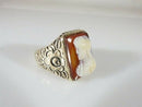 Lovely Antique Carved Hardstone Soldier Pinky Ring Floral Etched Band 10K Sz 9.5