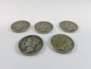Lot of 5 Mercury Silver Dimes 90% Silver 1940s Dates 90% silver dimes 1940s silver coins circulated Mercury dimes