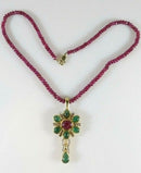 18K Gold Ruby Emerald Diamond Enhancer Pendant with Ruby Bead Necklace 15.5"