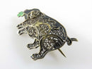 Antique Chinese Sterling Silver Enamel 4 leaf Clover Lucky Pig Filigree Brooch