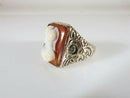 Lovely Antique Carved Hardstone Soldier Pinky Ring Floral Etched Band 10K Sz 9.5