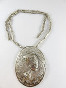Egyptian Revival Silver Nefertiti Plaque Pendant Necklace with Sarcophagus Link Chain, Large 3.5" Restoration