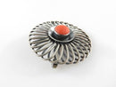 Mid Century Modern Round Spiraling 935 Silver Red Cabochon Coral Brooch