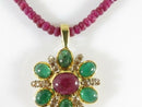 18K Gold Ruby Emerald Diamond Enhancer Pendant with Ruby Bead Necklace 15.5"