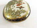 Vintage c1940 Japanese Satsuma Brooch Gold Gilding Garden Scene with Bird Signed