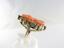 14K Gold Carved Coral Cameo Ring with Diamond Accents in Floral Leaf Setting Size 2.5