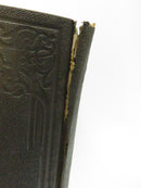 Close view of the upper spine and board hinge showing a split, chipped cloth, and exposed underlying material.