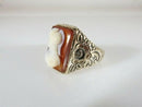Lovely Antique Carved Hardstone Soldier Pinky Ring Floral Etched Band 10K Sz 9.5