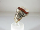 Lovely Antique Carved Hardstone Soldier Pinky Ring Floral Etched Band 10K Sz 9.5