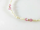 7" Baby Doll Necklace 14K Gold Connector, Pink Glass, Faux Pearls, Golden Beads