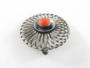 Mid Century Modern Round Spiraling 935 Silver Red Cabochon Coral Brooch