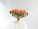 14K Gold Carved Coral Cameo Ring with Diamond Accents in Floral Leaf Setting Size 2.5