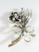 Large 4" Artisan Sterling Silver Flower Spray Brooch with Ribbon Bow, Handwrought, Unpolished for Clean Up