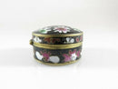 Cloisonne Brass & Enamel Floral Trinket Snuff Box Black White Pink Green Hinged