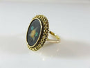 Antique 18K Top 9K Shank Pietra Dura Floral Oval Ring, Brooch Conversion, Large Sz 7.5