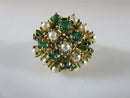 14K Gold Emerald & Cultured Pearl Mid-Century Cluster Ring Size 6