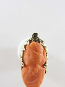 14K Gold Carved Coral Cameo Ring with Diamond Accents in Floral Leaf Setting Size 2.5
