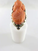 14K Gold Carved Coral Cameo Ring with Diamond Accents in Floral Leaf Setting Size 2.5