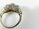 Antique 14K Gold Filigree Ring with Turquoise Cabochons and Diamond Accents Art Nouveau Era