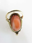 14K Gold Carved Coral Cameo Ring with Diamond Accents in Floral Leaf Setting Size 2.5