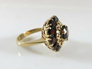 Mid-Century Bombé 14K Gold Garnet Cluster Ring, Pierced Filigree Dome, Size 5.5 (One Stone Damaged)
