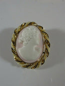 Art Nouveau 10K Gold Shell Cameo Brooch Pendant with Seed Pearl & Enamel Accents