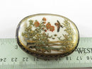 Vintage c1940 Japanese Satsuma Brooch Gold Gilding Garden Scene with Bird Signed