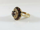 Mid-Century Bombé 14K Gold Garnet Cluster Ring, Pierced Filigree Dome, Size 5.5 (One Stone Damaged)