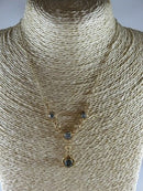 14K Gold Edwardian Blue Zircon Lariat Necklace, 4 Natural Stones