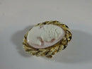 Art Nouveau 10K Gold Shell Cameo Brooch Pendant with Seed Pearl & Enamel Accents