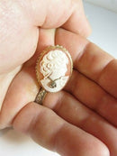 Vintage 14K Gold Shell Cameo Brooch Pendant with Diamond Accent