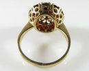 Mid-Century Bombé 14K Gold Garnet Cluster Ring, Pierced Filigree Dome, Size 5.5 (One Stone Damaged)