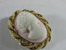 Art Nouveau 10K Gold Shell Cameo Brooch Pendant with Seed Pearl & Enamel Accents