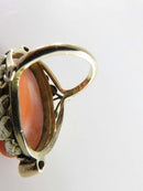 14K Gold Carved Coral Cameo Ring with Diamond Accents in Floral Leaf Setting Size 2.5