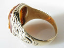Lovely Antique Carved Hardstone Soldier Pinky Ring Floral Etched Band 10K Sz 9.5