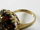 Mid-Century Bombé 14K Gold Garnet Cluster Ring, Pierced Filigree Dome, Size 5.5 (One Stone Damaged)