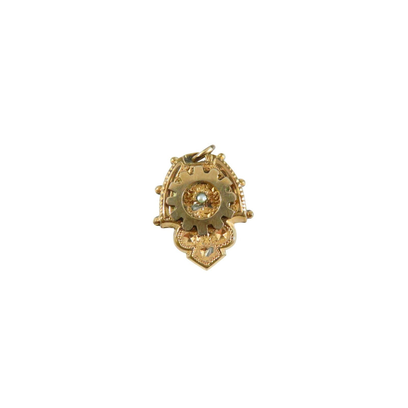 Antique Victorian Gold Plated Charm Pendant With Gear Design & Seed Pearl Accent — Gold • Pearl, Seed Pearl — front view