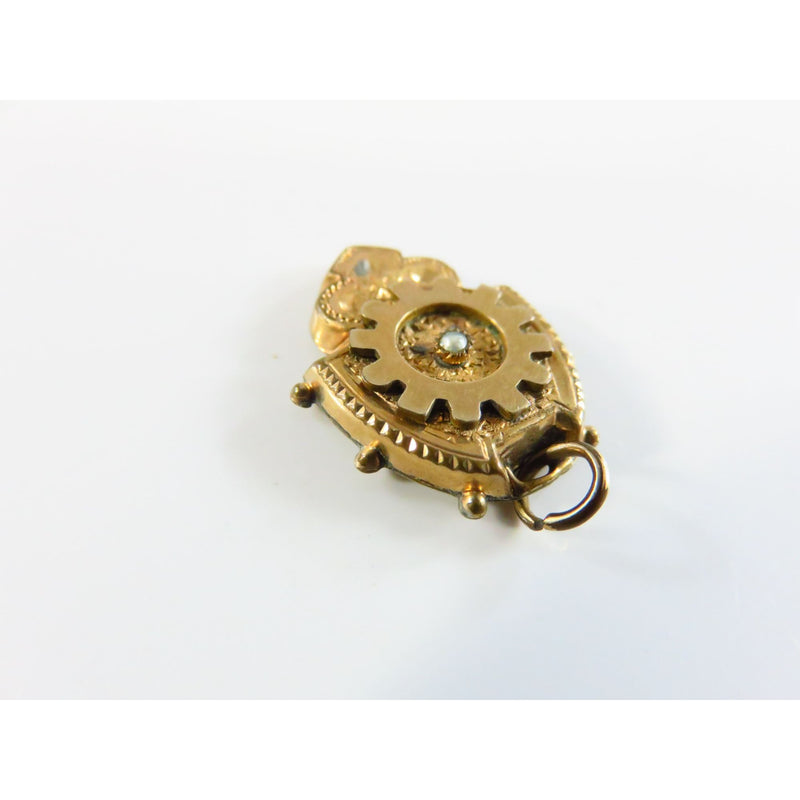 Antique Victorian Gold Plated Charm Pendant With Gear Design & Seed Pearl Accent