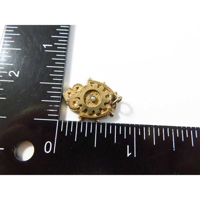 Antique Victorian Gold Plated Charm Pendant With Gear Design & Seed Pearl Accent