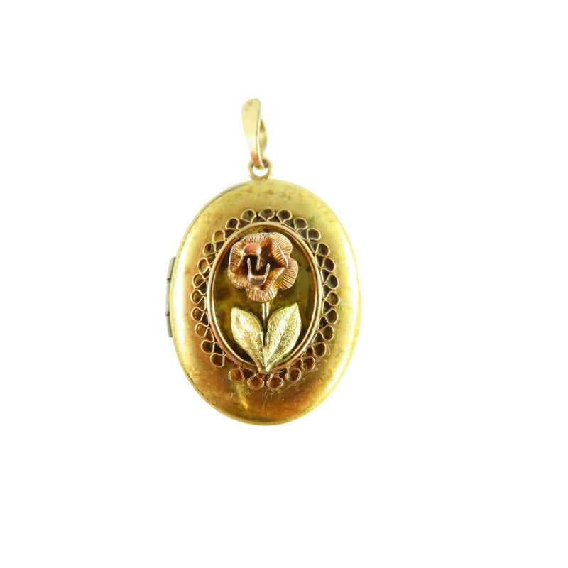 Gold Tone Oval Photo Locket With Rose Gold Rose Bud Design 1 1/8" High X 7/8" Wide