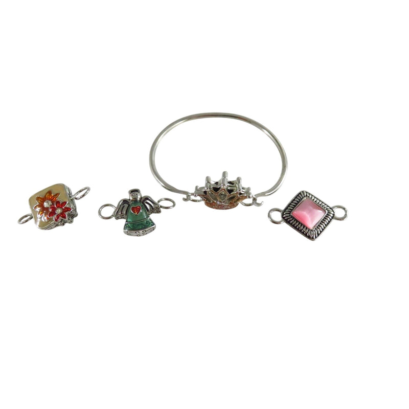 Swappable Top Bracelet 4 Reversible Tops Crown Angel Flower & Metal Designs 7" Length