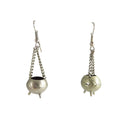 Silver Tone Cauldron Dangle Earrings With Etched Design & French Hook — Silver — front view