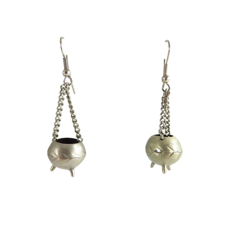 Silver Tone Cauldron Dangle Earrings With Etched Design & French Hook