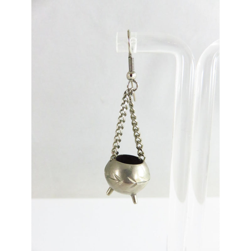 Silver Tone Cauldron Dangle Earrings With Etched Design & French Hook