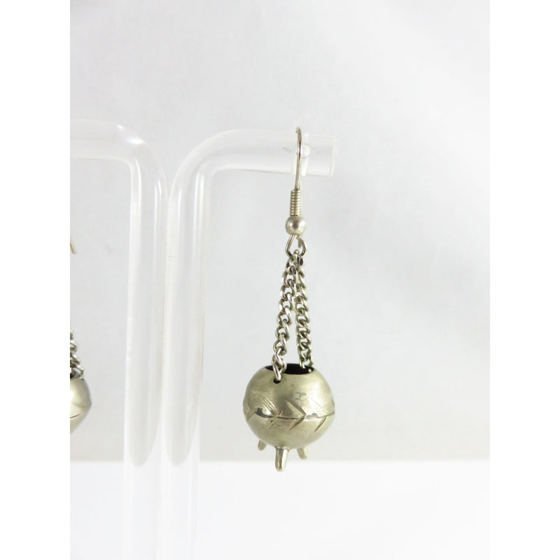 Silver Tone Cauldron Dangle Earrings With Etched Design & French Hook