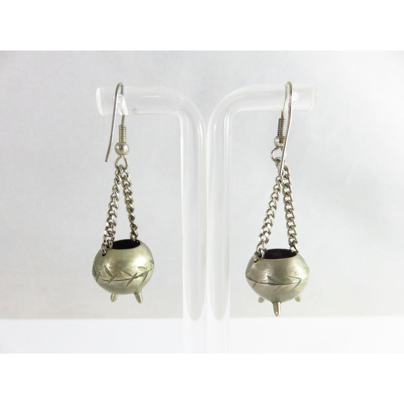 Silver Tone Cauldron Dangle Earrings With Etched Design & French Hook