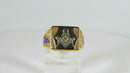 Masonic Ring 10K Gold Diamond Art Deco, Black, Blue Enamel, Old Mine Cut