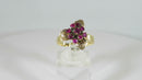 Vintage Mid Century Unique Floral Bouquet 3 Petal Red Stone Ring 9K Size 9