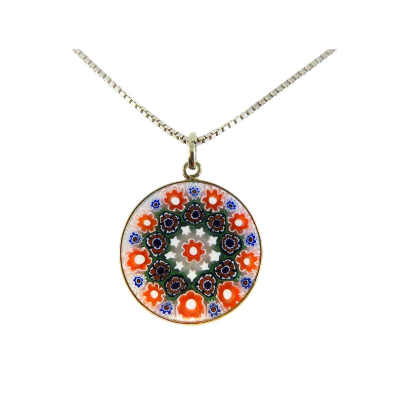 Murano Glass Pendant Necklace With 18.5" Sterling Silver Box Chain & Colorful Floral Design