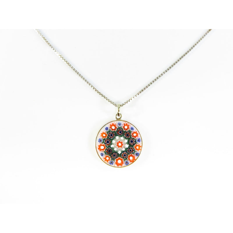 Murano Glass Pendant Necklace With 18.5" Sterling Silver Box Chain & Colorful Floral Design